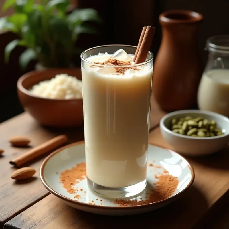 Vaso alto de horchata de arroz y almendras con especias, bebida mexicana tradicional sin lácteos, con hielo picado y una pizca de canela en polvo, sobre una mesa rústica de madera con ingredientes al fondo: ramitas de canela, anís estrellado y almendras.
