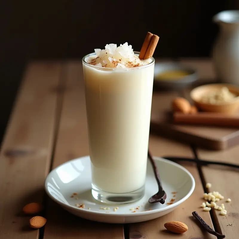 Vaso alto de cristal con horchata de arroz y almendras con esencia de vainilla, servida con hielo picado y una pizca de canela en polvo. Fondo rústico con ingredientes como almendras, canela en rama y vainilla.