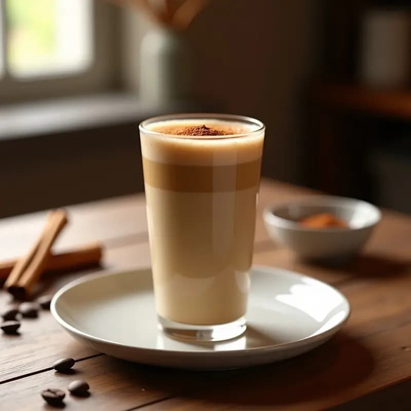 Vaso alto de cristal con horchata de arroz y canela con café, espolvoreada con canela molida, sobre una mesa de madera rústica con granos de café y una rama de canela al lado, receta sin lactosa.