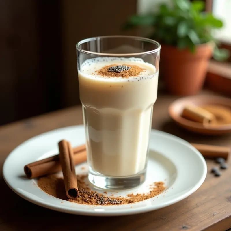 Vaso alto transparente con horchata de arroz y canela con chía, decorado con semillas de chía y una pizca de canela en polvo, sobre una mesa de madera rústica con una rama de canela y un fondo borroso de cocina mexicana tradicional.