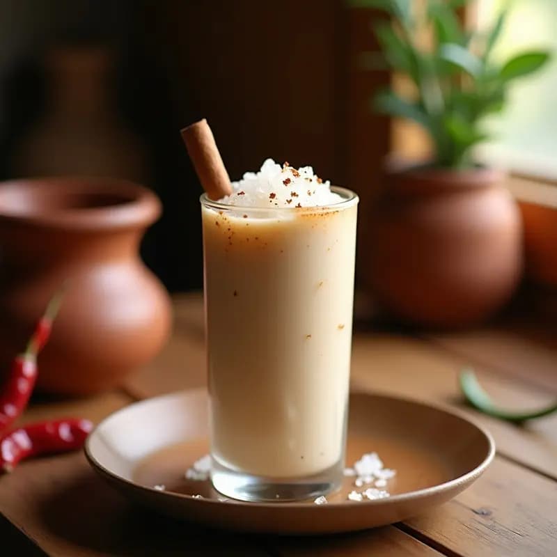 Vaso alto transparente lleno de horchata de arroz y canela, con hielo picado y una rama de canela como decoración, sobre una mesa de madera rústica con fondo borroso de cocina tradicional mexicana.