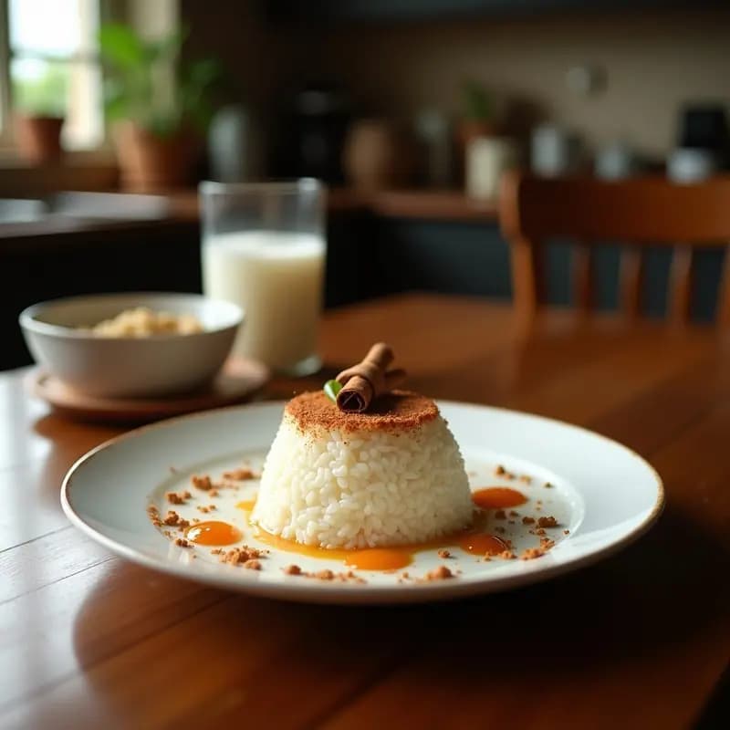 Vaso alto transparente con horchata de arroz y canela con virutas de coco, decorado con una ramita de canela y coco rallado en el borde, sobre una mesa de madera con fondo borroso de ingredientes.