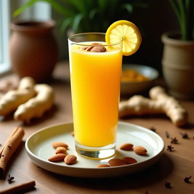 Vaso alto de cristal con horchata probiótica de color dorado intenso, decorado con almendras fileteadas y una rodaja de limón. Al fondo, ingredientes como cúrcuma fresca, jengibre y canela en rama sobre una mesa de madera rústica.