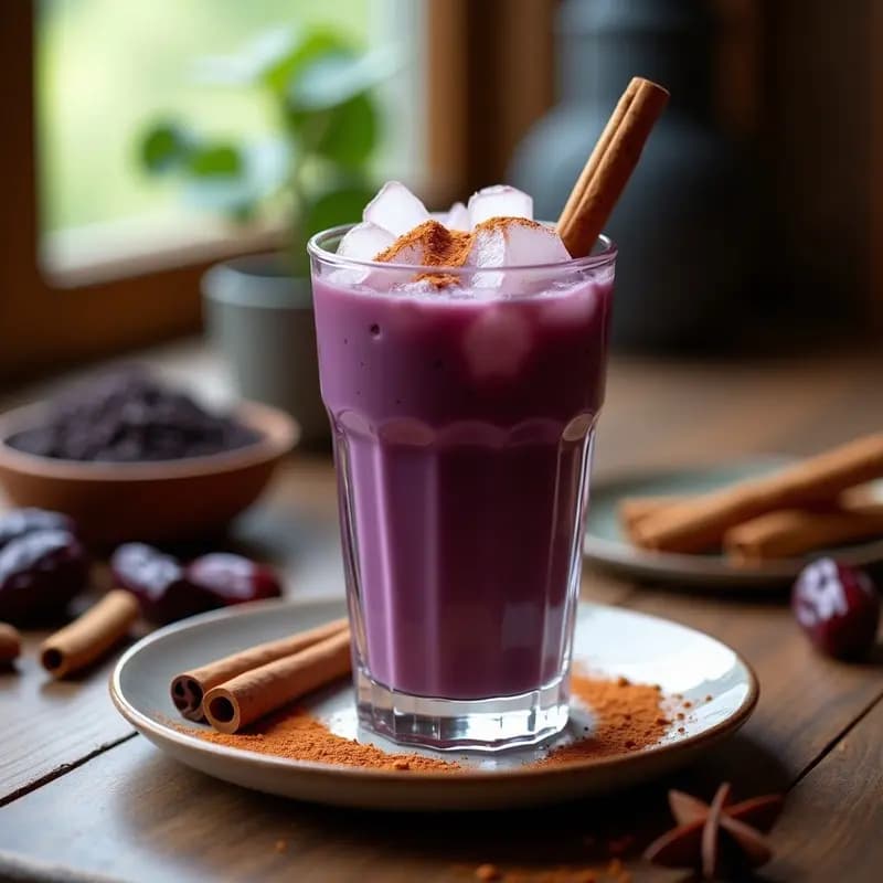 Vaso alto de cristal con horchata de arroz morado y canela, bebida peruana de color violeta intenso, servida con hielo y decorada con una pizca de canela en polvo en la superficie. Fondo borroso con ingredientes como arroz morado, rama de canela y clavos de olor.
