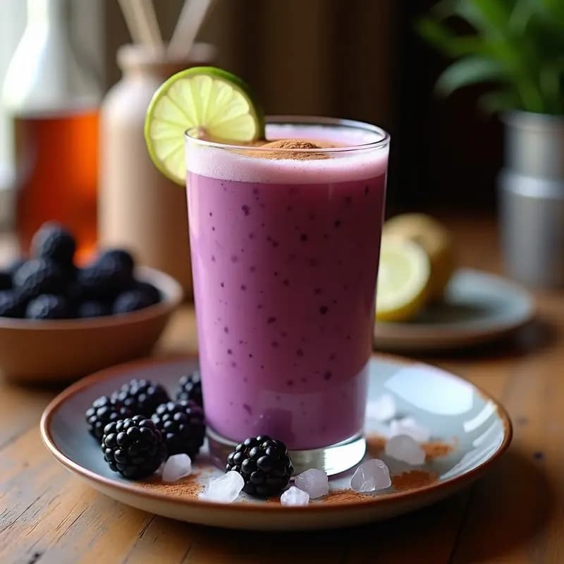 Vaso alto transparente con horchata de arroz y moras, bebida colombiana refrescante y sin lácteos, decorada con moras frescas y una rama de canela sobre fondo rústico de madera con luz natural.