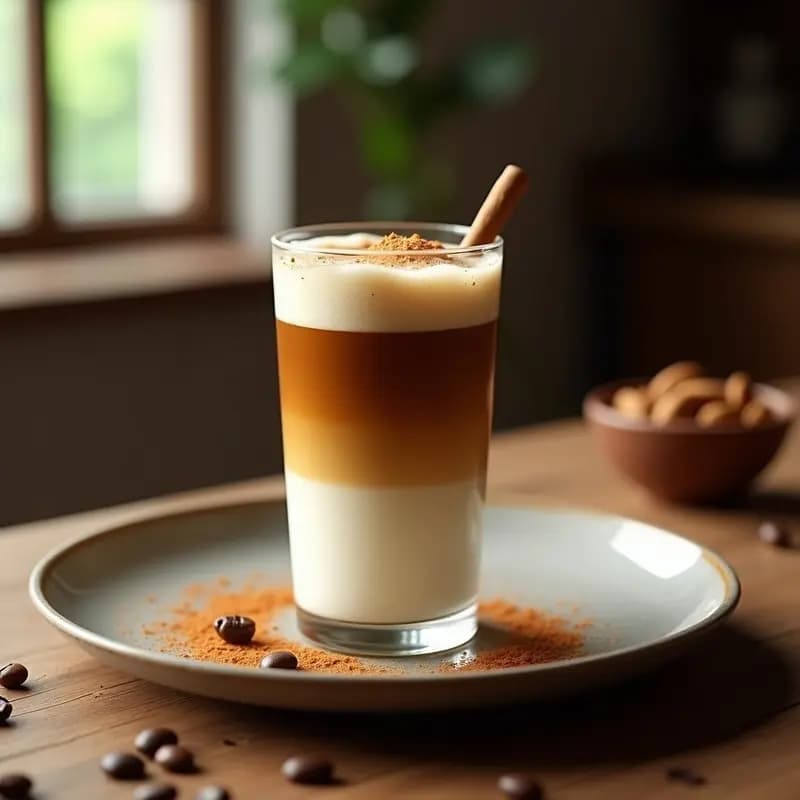 Vaso alto transparente con bebida de agua de horchata con canela y café, capas visibles de horchata cremosa y café oscuro, espolvoreada con canela molida, hielo flotando y espuma de leche de coco, fondo rústico con granos de café y rama de canela.