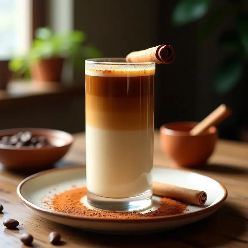 Vaso alto transparente con bebida de horchata con canela y café, de color crema con vetas oscuras, decorado con espuma de leche de coco, almendras fileteadas y una rama de canela. Fondo rústico de madera con granos de café y dátiles al lado.