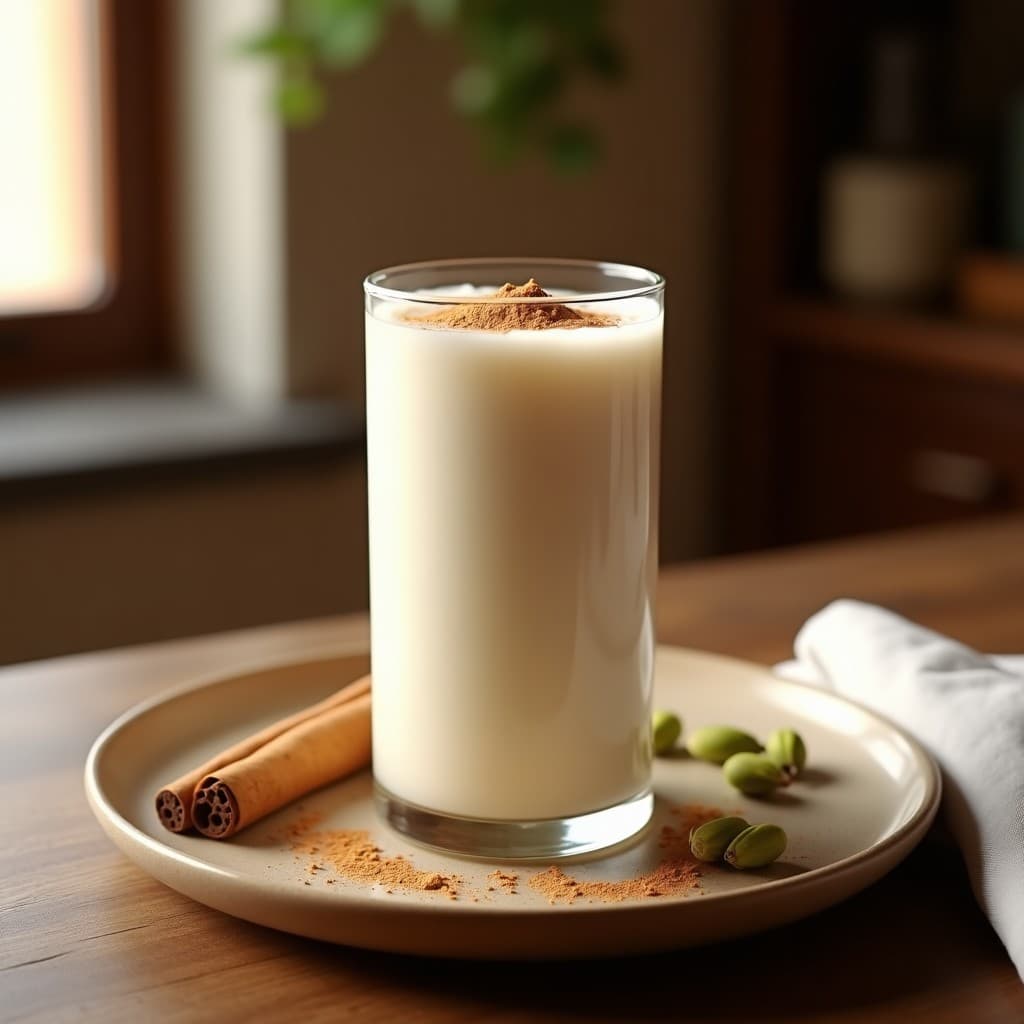 Vaso alto transparente con horchata de chufa fría, espolvoreada con canela en polvo, junto a una rama de canela y semillas de cardamomo sobre una mesa de madera rústica con luz natural.