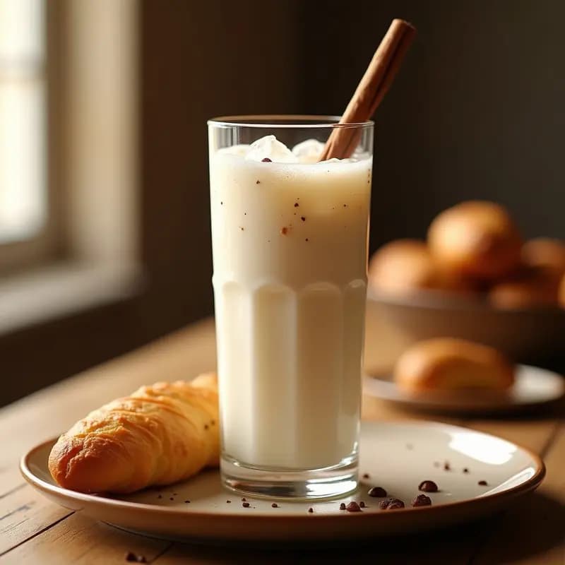 Vaso alto de cristal lleno de horchata de chufa con canela y vainilla, servida fría con hielo picado y una rama de canela como decoración, sobre una mesa rústica de madera con fondo borroso de campo valenciano.