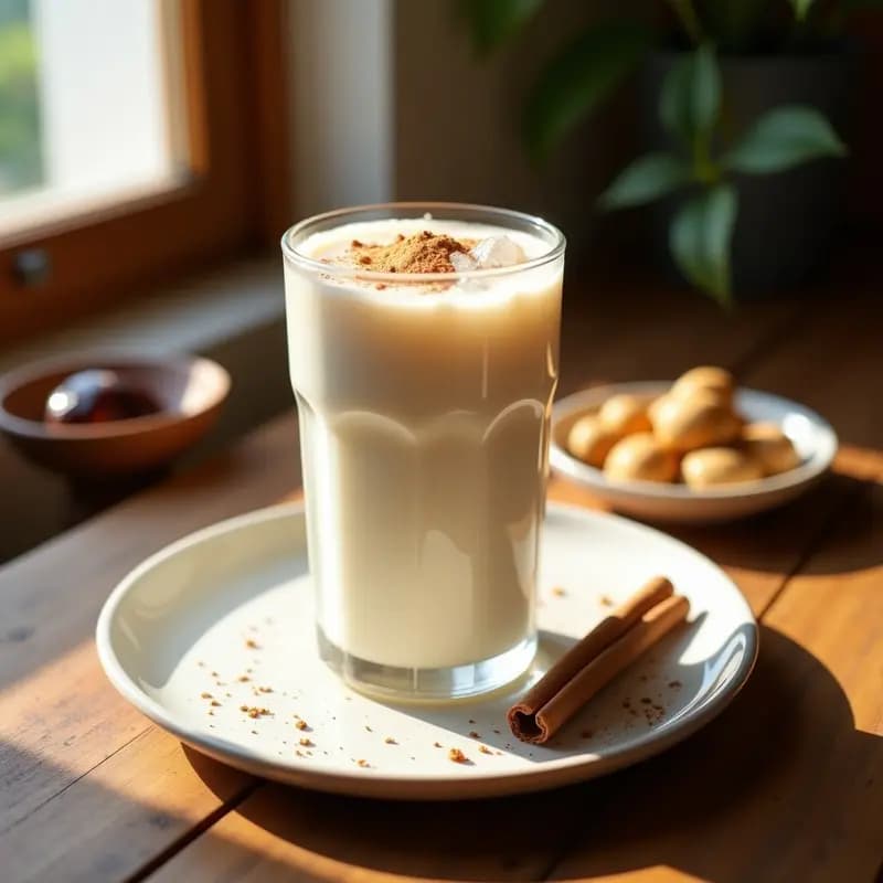 Vaso alto de horchata de chufa casera sin azúcar, con color blanco cremoso y espuma en la superficie, decorado con una pizca de canela en polvo. Fondo con chufas secas y una rama de canela.