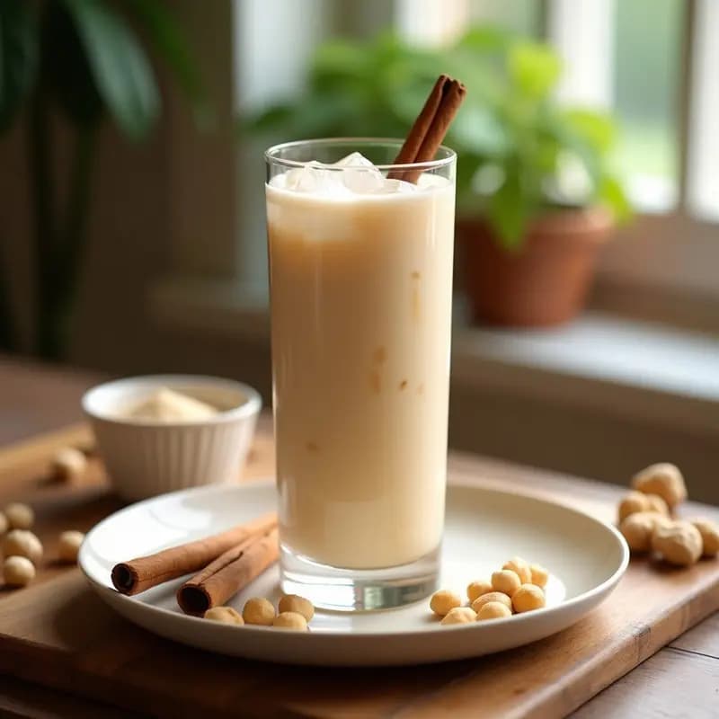 Vaso alto transparente con horchata de chufa valencia fresca, espumosa y de color blanco marfil, servida con hielo y una rama de canela como decoración. Fondo borroso con chufas crudas y un bol de azúcar al lado.