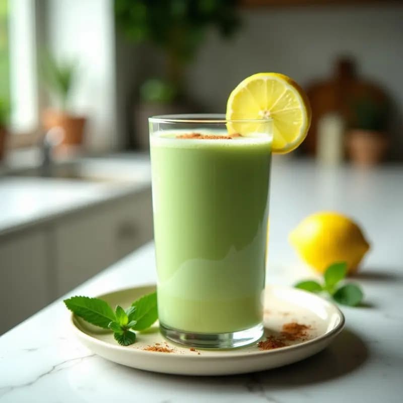 Vaso alto transparente con bebida de horchata con espirulina y limón, de color verde claro espumoso, decorado con una ramita de canela y rodaja de limón al borde. Fondo borroso con ingredientes como arroz, espirulina en polvo y coco.