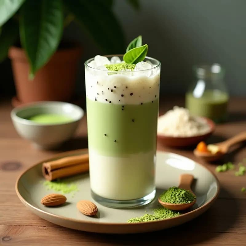 Vaso alto transparente con bebida de horchata con matcha, de color crema con toques verdes, servida con hielo y semillas de chía visibles. Fondo rústico con ingredientes como canela en rama, matcha en polvo y granos de arroz dispersos.