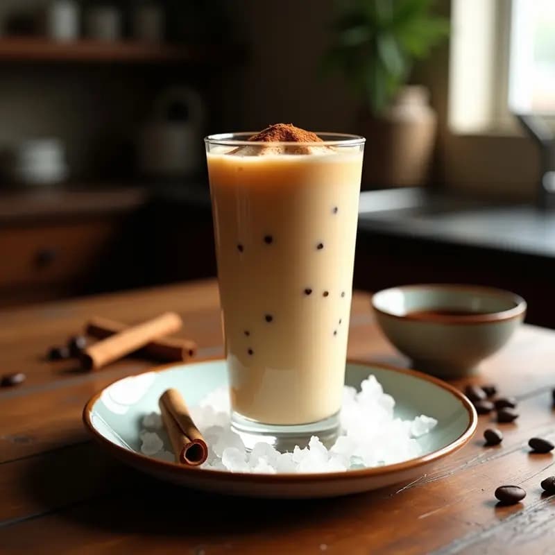 Vaso alto transparente con horchata mexicana con café y canela, espolvoreada con canela en polvo, servida con hielo picado y una rama de canela como decoración, sobre una mesa de madera rústica con granos de café y arroz al fondo.