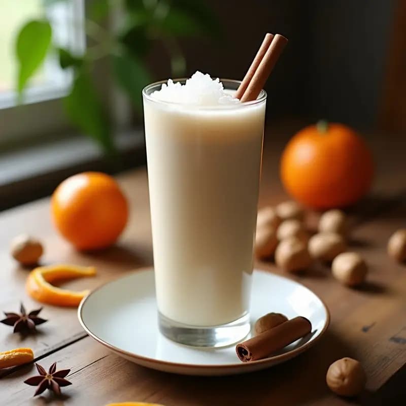 Vaso alto de cristal con horchata de tiger nut fría, de color blanco lechoso, con hielo picado y una rama de canela como decoración. Fondo difuminado con chufas enteras y una cáscara de naranja. Bebida tradicional española sin lácteos y sin azúcar.