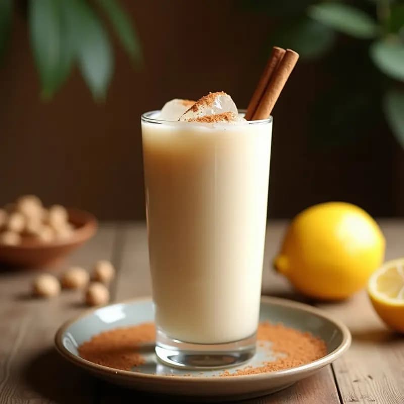 Vaso alto de cristal con horchata de chufa vegana espolvoreada con canela en polvo, servida con hielo y una rama de canela como decoración, fondo borroso de chufas y limones.