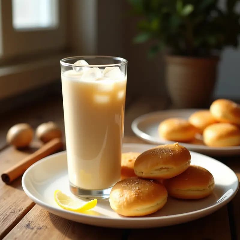 Vaso alto de horchata valenciana fría con hielo, acompañada de fartons esponjosos sobre una mesa rústica de madera, con chufas y canela en rama de fondo.