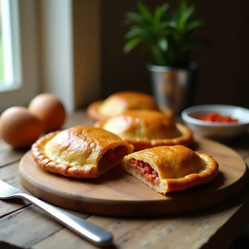 Hornaza salmantina dorada y crujiente sobre bandeja de madera, cortada por la mitad mostrando su relleno de chorizo, jamón serrano y queso fundido. Receta tradicional de empanada para llevar en ruta.