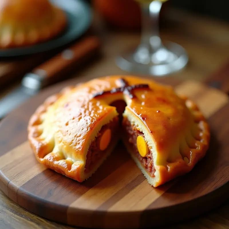 Hornazo de Salamanca recién horneado, empanada dorada y crujiente rellena de huevos duros y chorizo, con corte en forma de cruz en la parte superior, sobre tabla de madera rústica.