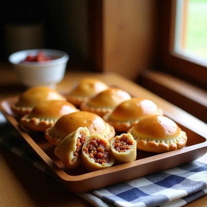 Hornazos salmantinos recién horneados, empanadas doradas y brillantes con relleno de embutidos españoles, dispuestas en una bandeja de madera rústica sobre un mantel de cuadros. Receta tradicional de empanada de embutidos para excursión.