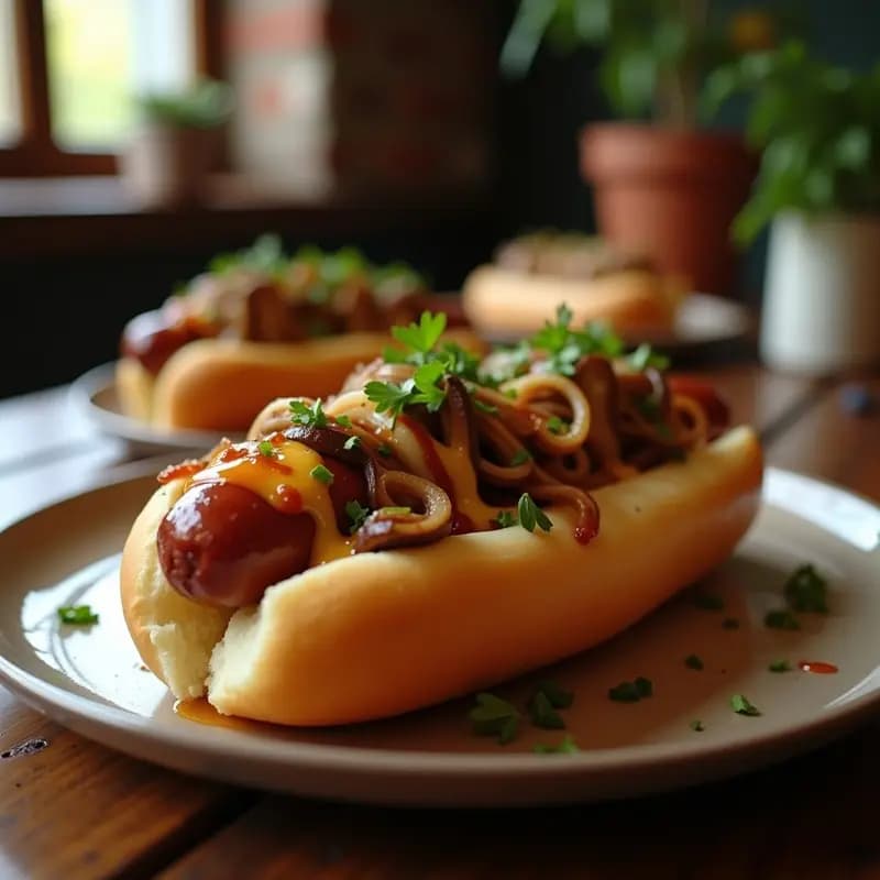 Hot dog de salchicha Bratwurst dorada en pan tostado, cubierto con champiñones salteados en mantequilla, cebolla caramelizada y queso Gruyère fundido y gratinado, con hilos de salsa mostaza dulce y barbacoa, sobre fondo rústico.