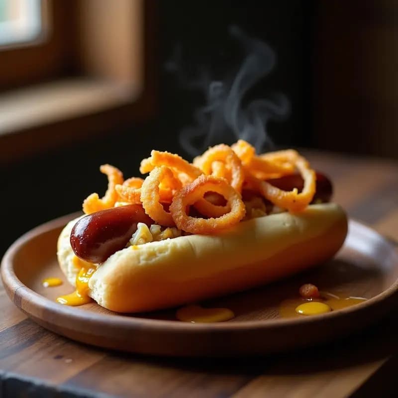 Hot dog alemán en pan de brioche tostado con salchicha Frankfurt, chucrut salteado con panceta, cebolla crujiente dorada y mostaza de miel, servido en plato rústico con fondo de madera oscura.