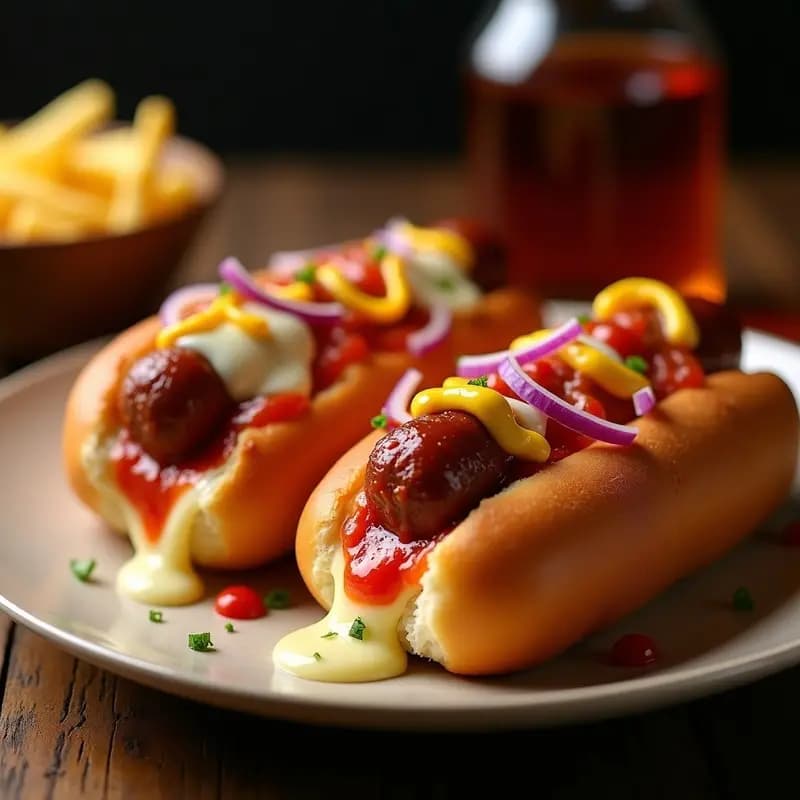 Hot dogs con pan de pizza dorado y crujiente, relleno de queso mozzarella fundido y salchichas Frankfurt, servidos con salsa de tomate, cebolla morada, mostaza dulce y ketchup.