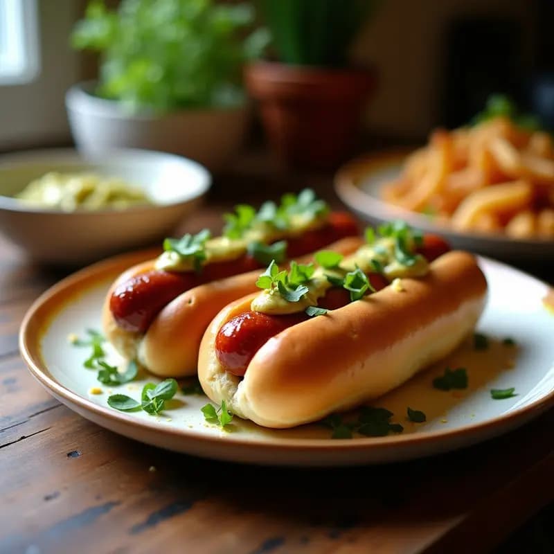 Hot dog vegano en panecillo sin gluten, relleno de chorizo de Sincelejo dorado en airfryer, cebolla morada salteada, pimiento rojo y aguacate, con chimichurri verde fresco encima. Plato servido en mesa rústica con fondo borroso.