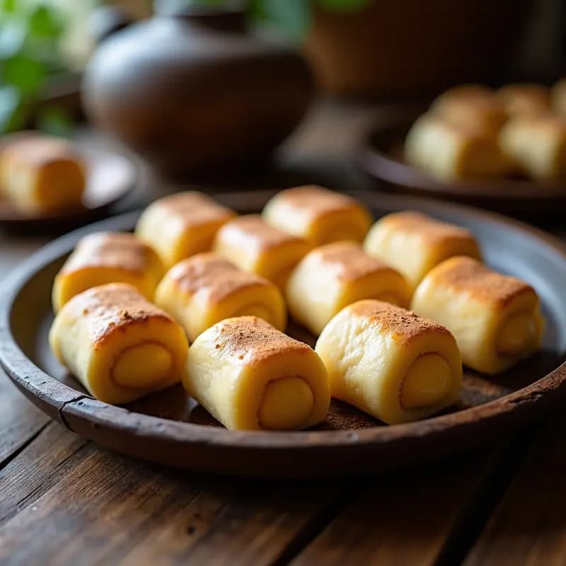 Huesos de Santo caseros dispuestos en una bandeja de madera oscura, con forma de cilindros alargados de mazapán rellenos de crema amarilla de yema, espolvoreados con canela y con un brillo dorado en la superficie.