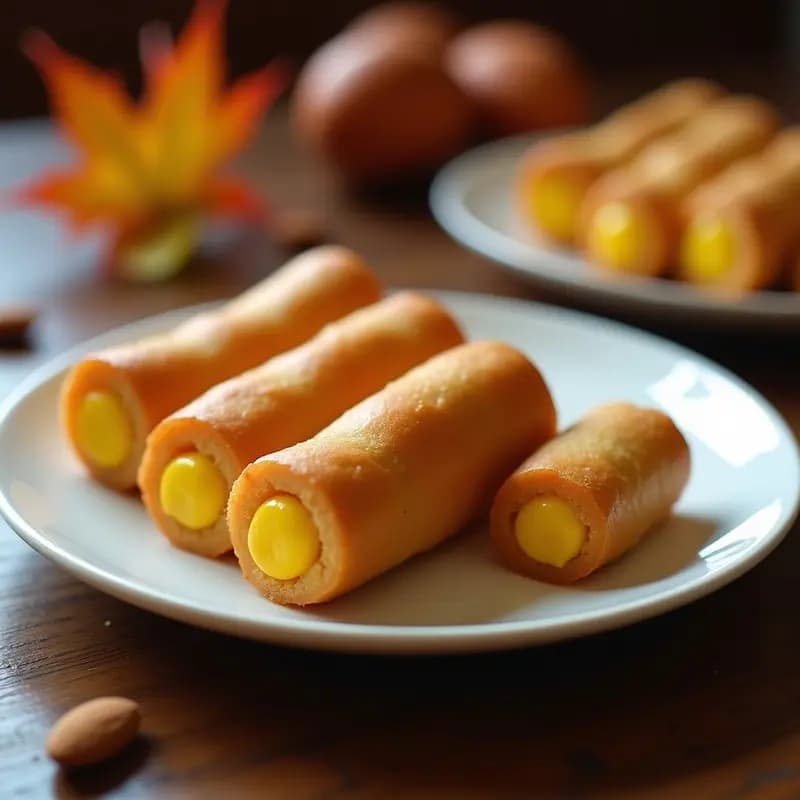 Huesos de Santo tradicionales sobre un plato de cerámica blanca, con cilindros de mazapán dorado rellenos de crema de yema amarilla y decorados con almendras fileteadas tostadas en los extremos. Fondo rústico con detalles de Todos los Santos.