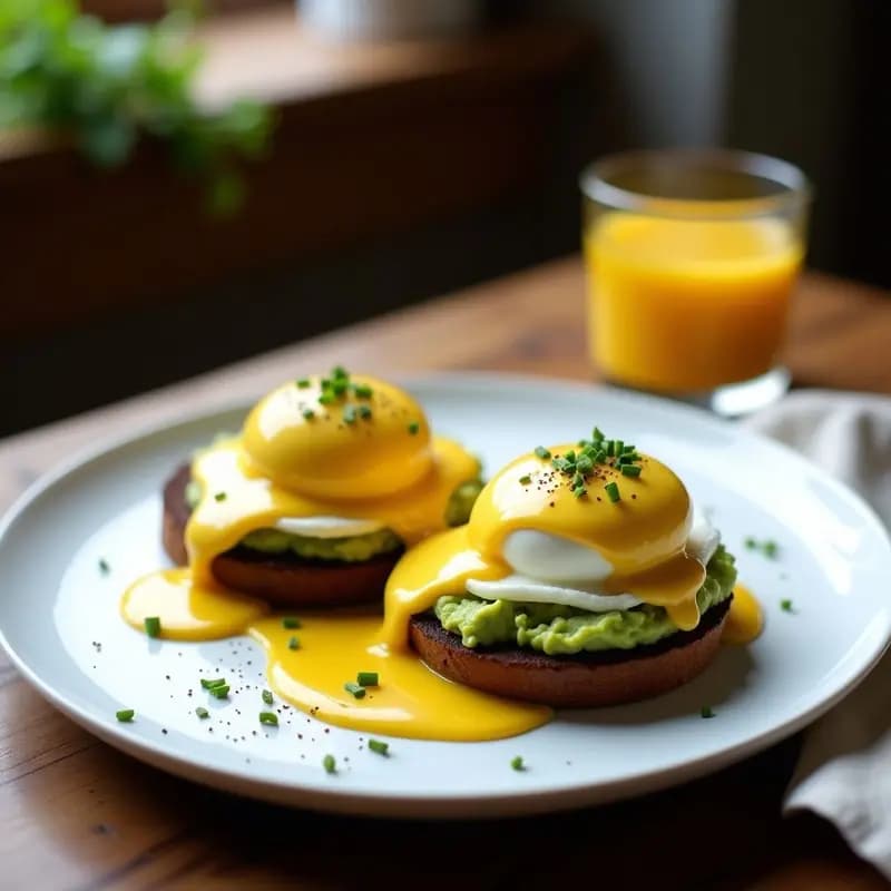 Plato de Huevos Benedict con Aguacate y Pan de Centeno: tostadas doradas de centeno cubiertas con crema de aguacate verde, jamón serrano, huevos pochados con yema líquida y salsa holandesa ligera de yogur, decorado con eneldo fresco y pimienta de Cayena sobre fondo rústico.