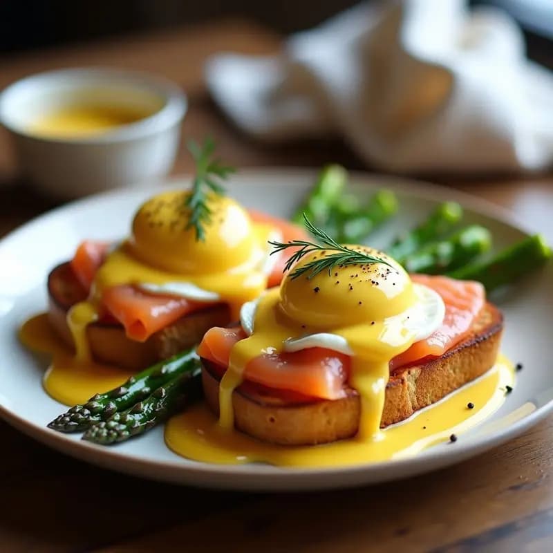 Plato de huevos benedictinos gourmet con tostadas de pan brioche cubiertas de salmón ahumado en láminas, espárragos trigueros salteados, huevos pochados con yema líquida y salsa holandesa cremosa, decorado con eneldo fresco y pimienta negra sobre fondo rústico de madera.