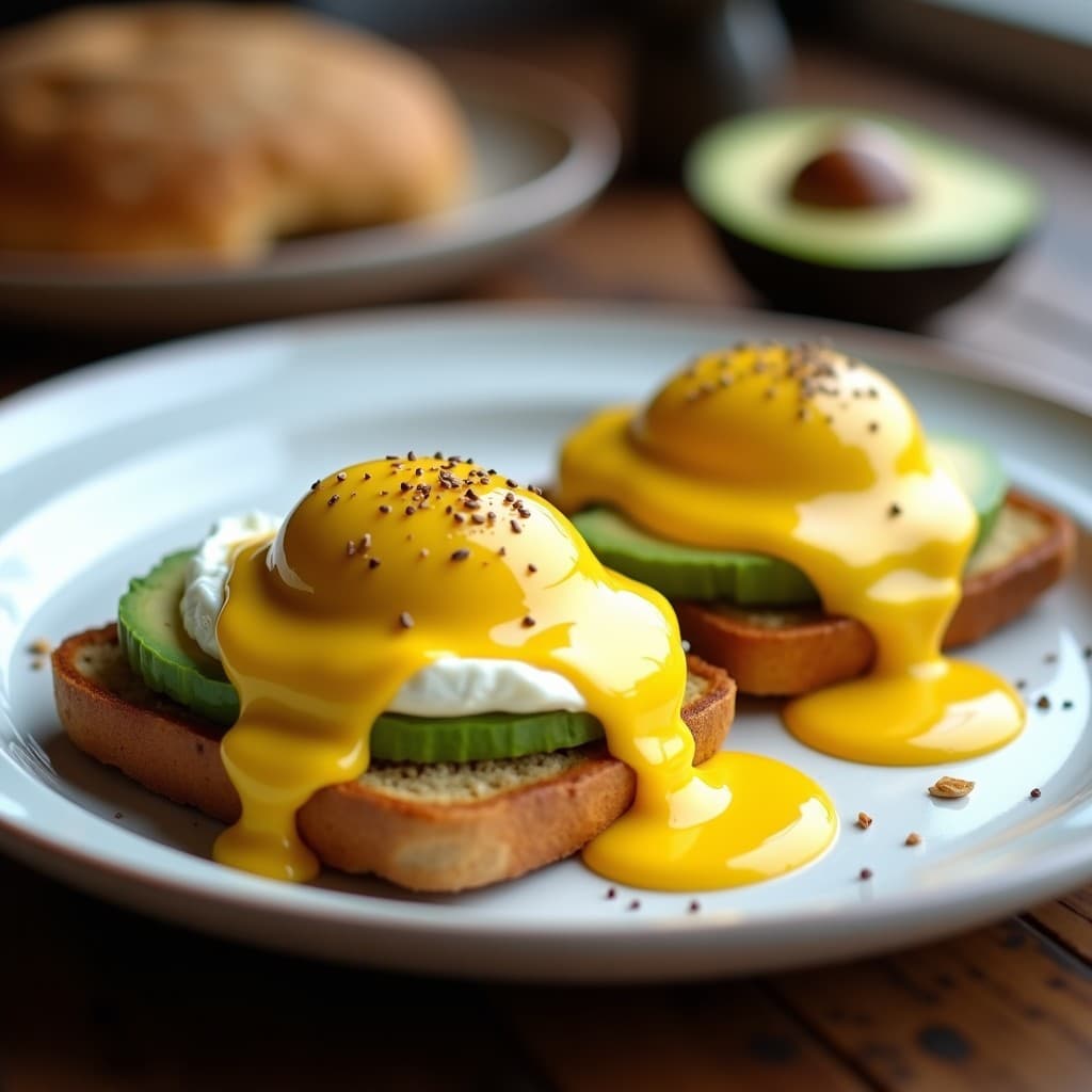 Plato blanco con dos tostadas de pan de almendra dorado, coronadas con huevos pochados, salsa holandesa amarilla con cúrcuma, rodajas de aguacate cremoso y semillas de sésamo tostadas. Receta de huevos benedictinos keto sin gluten, servida con elegancia y detalles gourmet.
