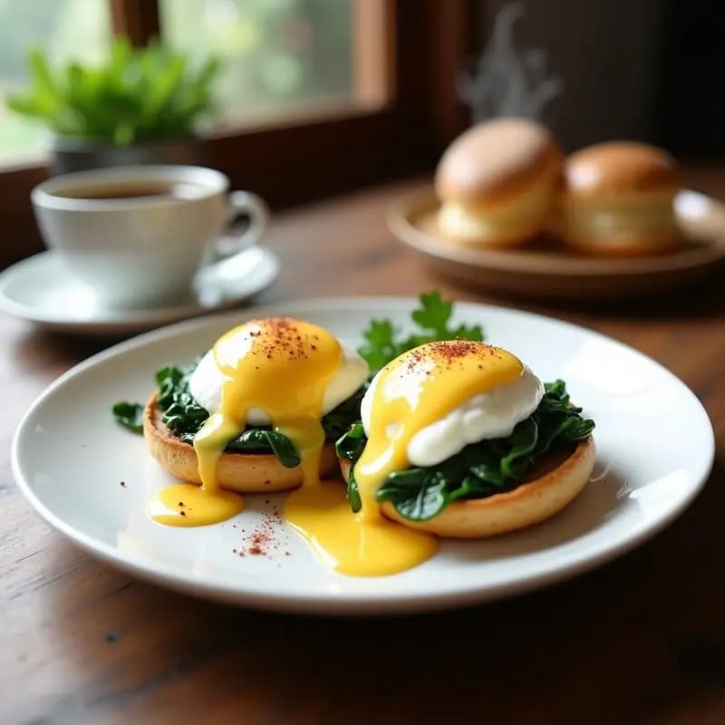 Plato blanco con dos huevos benedictinos sobre muffins ingleses tostados, cubiertos de espinacas salteadas y salsa holandesa cremosa, decorados con pimienta de Cayena. Desayuno americano gourmet.
