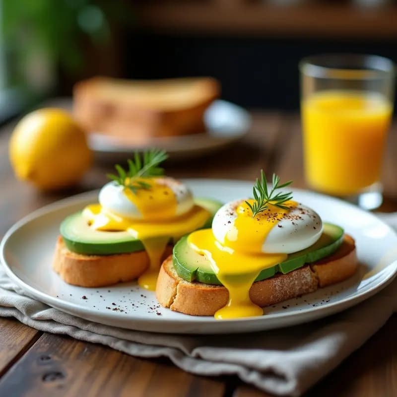 Plato blanco con huevos benedictinos gourmet: rebanadas de pan brioche tostado cubiertas con puré de aguacate cremoso, huevo pochado con yema líquida, salsa hollandaise dorada y brillante con toques de limón, decorado con eneldo fresco y ralladura de limón. Brunch sofisticado y colorido.