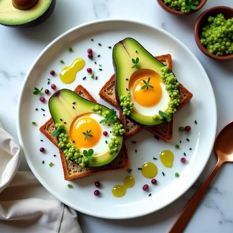 Plato blanco minimalista con dos mitades de aguacate rellenas de huevos de codorniz con yema líquida, decoradas con bolitas verdes de caviar de lima, semillas de sésamo negro y cebollino fresco. Fondos borrosos con texturas cremosas y colores vibrantes, receta de huevos de codorniz en nido de aguacate con caviar de lima.