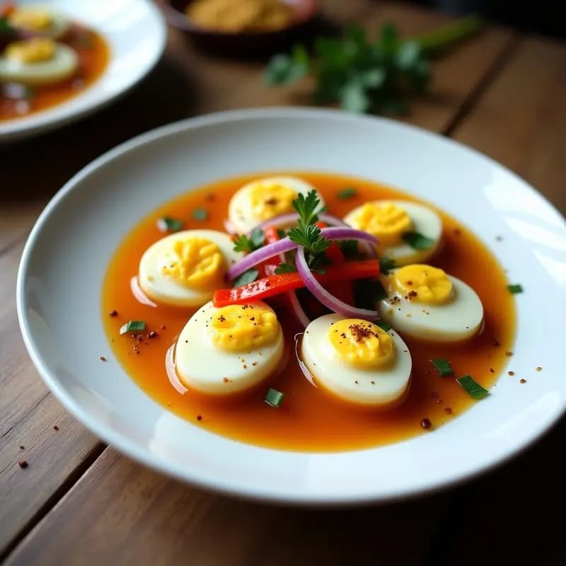 Plato blanco con huevos escabechados peruanos en salsa de vinagre de arroz y jengibre, decorados con perejil fresco y cebolla morada en juliana, servidos en airfryer sin aceite.