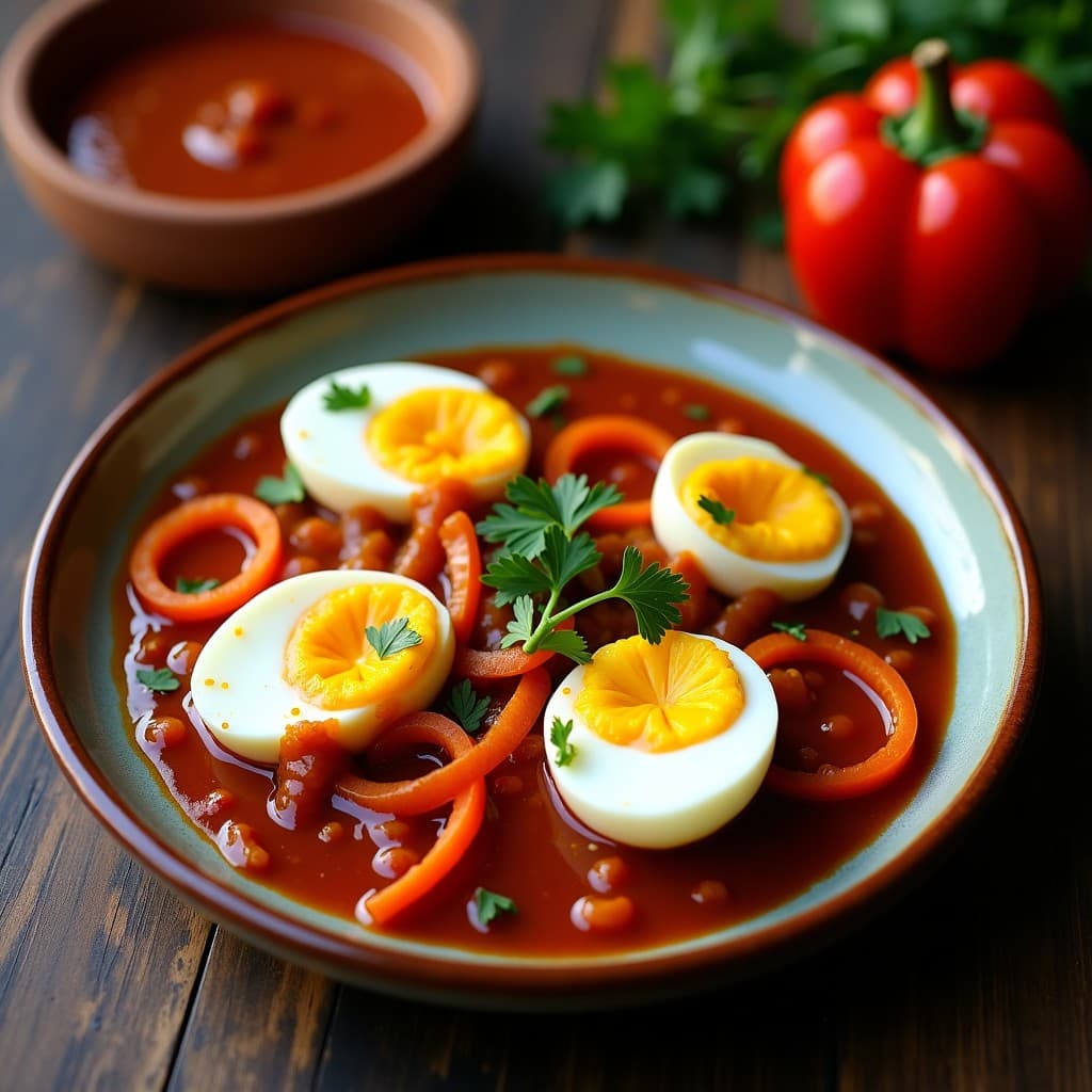 Huevos escabechados en salsa de ají panca y cebolla morada, receta peruana para tupper. Plato con huevos duros bañados en salsa oscura y brillante, acompañados de cebolla morada, zanahoria y pimiento rojo. Decorado con perejil fresco sobre fondo rústico.
