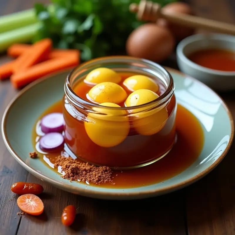 Frasco de vidrio transparente con huevos escabechados en adobo de chipotle y miel, cebolla morada y zanahoria en rodajas, receta mexicana gourmet viral para redes sociales.
