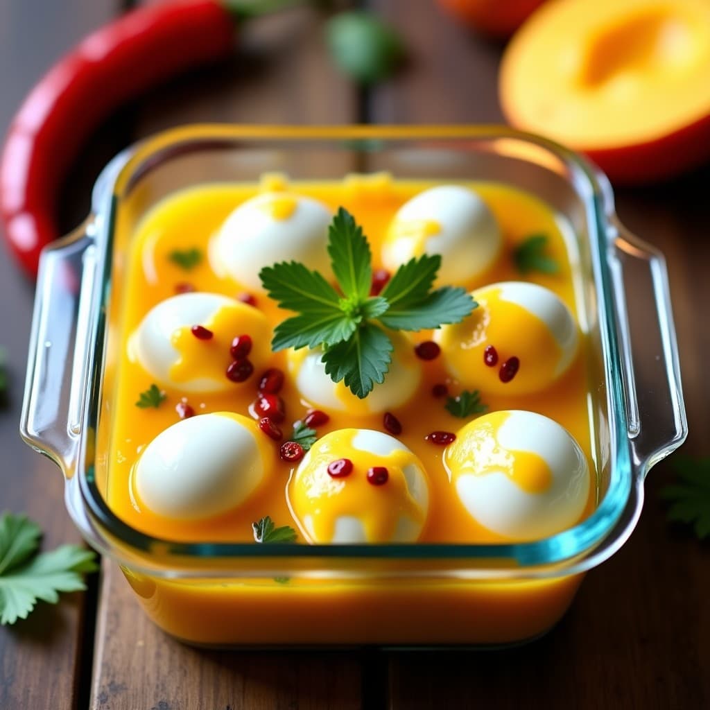 Huevos escabechados en un tupper de cristal con vinagreta de mango y chili de árbol, decorados con cilantro fresco y rodajas de cebolla morada. Plato frío listo para llevar, con colores vibrantes amarillos, naranjas y verdes.