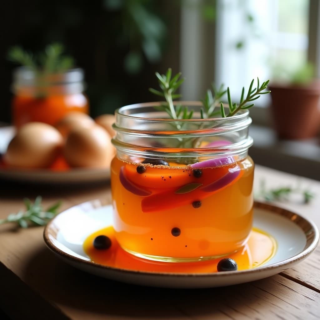 Frasco de vidrio transparente lleno de huevos escabechados con pimentón de la Vera, cebolla morada en juliana, zanahoria en rodajas y especias flotando en un líquido dorado. Receta tradicional española para tupper.