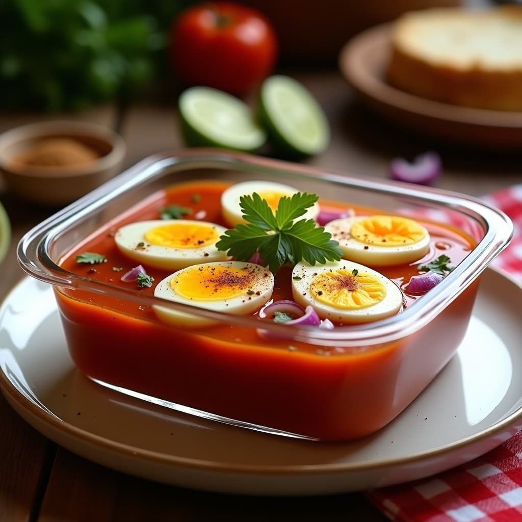 Recipiente de vidrio transparente con huevos escabechados en salsa de tomate casero, decorados con cilantro fresco y rodajas de cebolla morada, listos para guardar en tupper.