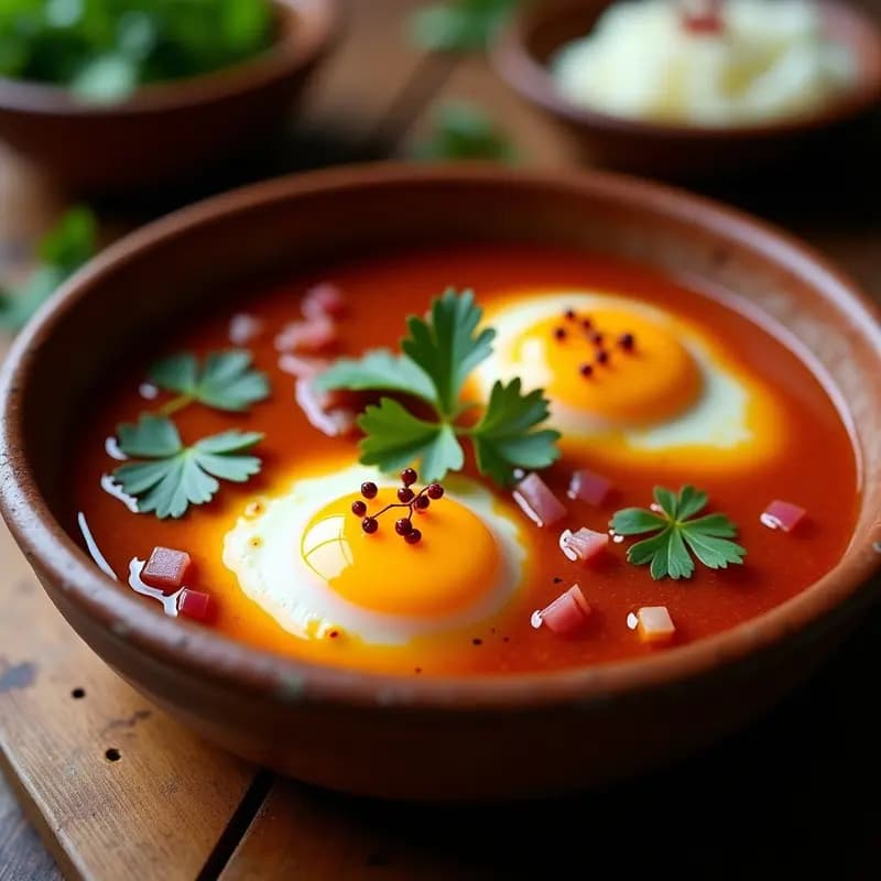 Plato hondo de barro con huevos escabechados en salsa de tamarillo y pimienta rosa, bañados en una salsa espesa de color rojizo, decorados con cilantro fresco y granos de pimienta rosa. Receta peruana en olla express.