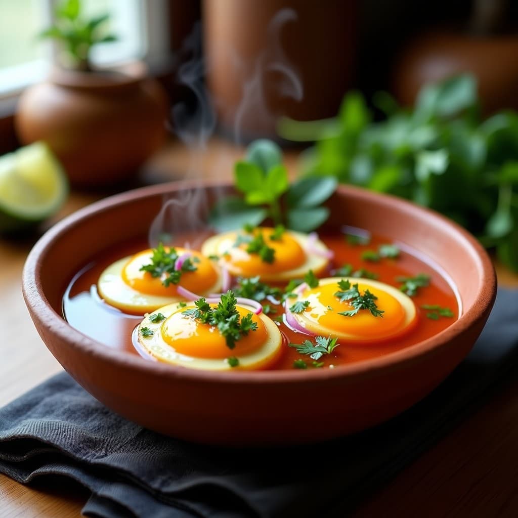 Plato hondo de barro con huevos escabechados en vinagreta de tamarindo y cilantro, receta peruana en olla express, servidos con rodajas de cebolla morada y cilantro fresco espolvoreado.