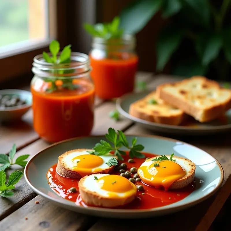 Tarros de vidrio transparentes con huevos escabechados en salsa de tomate y pimentón, servidos sobre pan de maíz tostado. Decoración con perejil fresco y alcaparras, fondo rústico con luz natural.