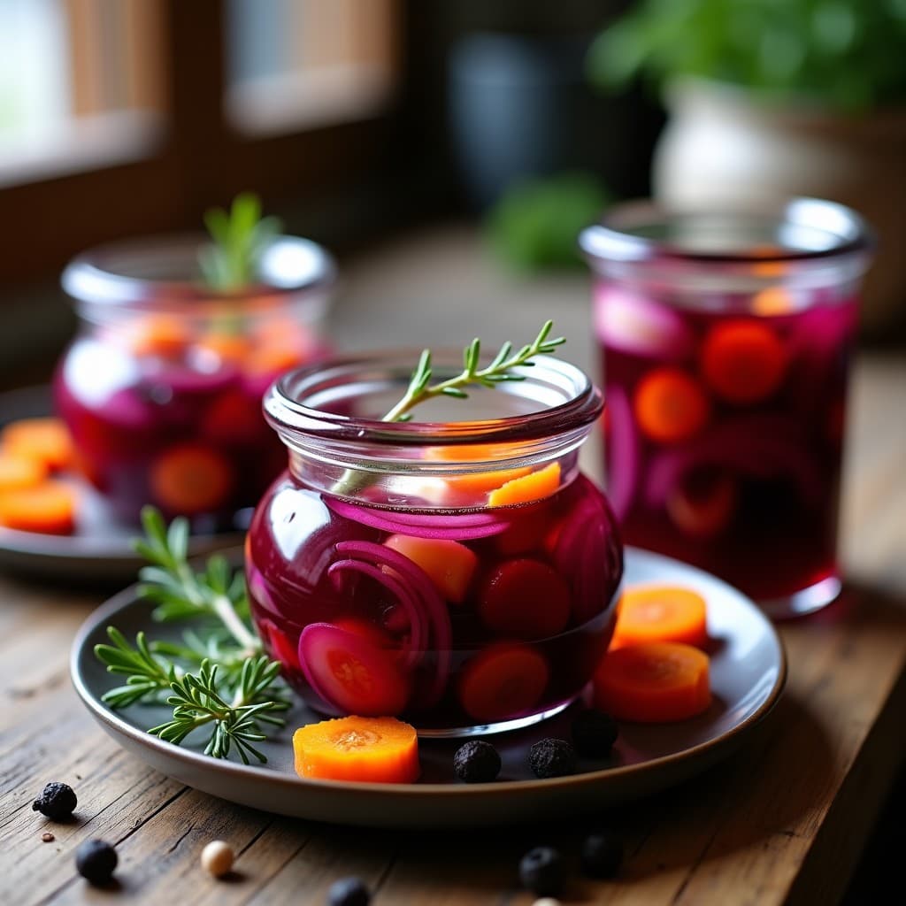 Tarros de vidrio transparentes con huevos de codorniz escabechados en vinagre de frutos rojos, acompañados de rodajas de zanahoria, cebolla morada y ajo negro, sobre una mesa de madera rústica con hierbas frescas.