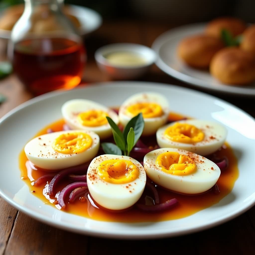 Plato blanco con huevos escabechados cortados por la mitad, bañados en una salsa dorada de vinagre de sidra y cebolla morada caramelizada, decorados con pimentón dulce y hojas de laurel, sobre fondo rústico de madera.