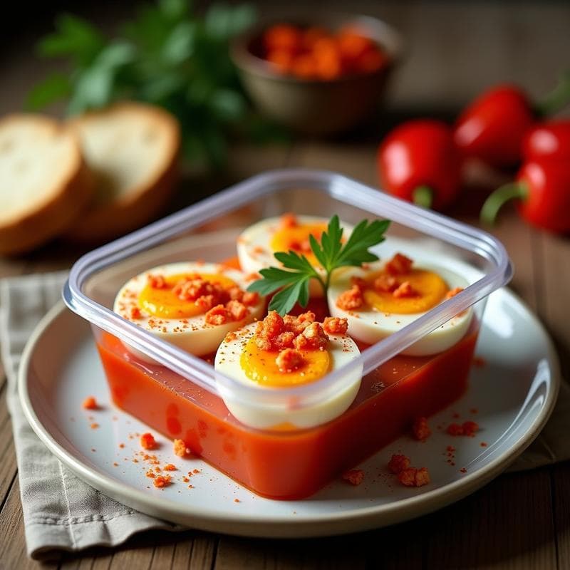 Huevos escabechados en tupper con vinagreta de piquillo y queso trevijano, receta vasca tradicional lista para llevar.