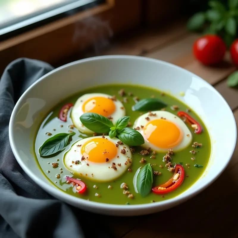 Plato blanco hondo con huevos escalfados sobre una salsa de curry verde tailandés cremosa, decorado con hojas de albahaca fresca, rodajas de chile rojo y un hilo de leche de coco. Desayuno keto, picante y visualmente impactante, ideal para redes sociales.