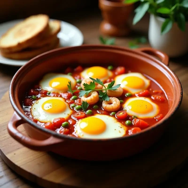 Cazuela de barro humeante con huevos a la flamenca, gambas rosadas y guisantes verdes sobre una salsa espesa de tomate y pimentón. Huevos con yemas líquidas y perejil fresco espolvoreado. Plato tradicional andaluz servido en mesa rústica.